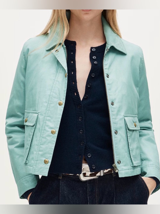 J. Crew Cropped Barn Jacket Ripstop Cotton Smoky Seaglass Green Sz S Primaloft